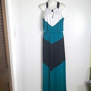 London Style White, Teal, Black Colorblock Maxi-Dress, Halter Neckline Sz Medium